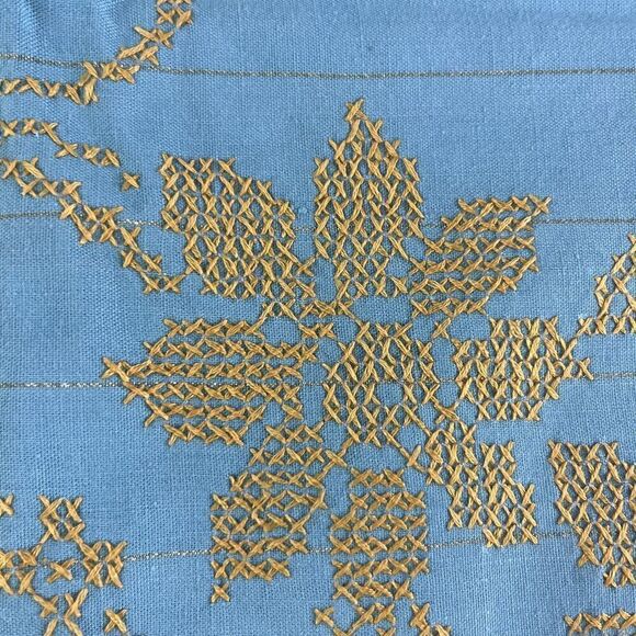Vintage Blue Rectangular Dining Room Table Cloth w/ Gold Cross Stitch Flowers - Picture 5 of 11